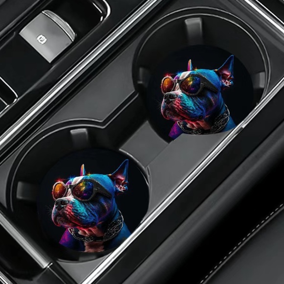2pcs Rainbow Boxer/ Pitbull Sunglasses Dog Absorbent Car Cup Holder Coaster Mats - Picture 3 of 4